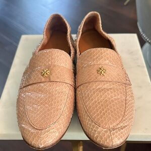Tory Burch Textured Tan Loafers with Gold Emblem